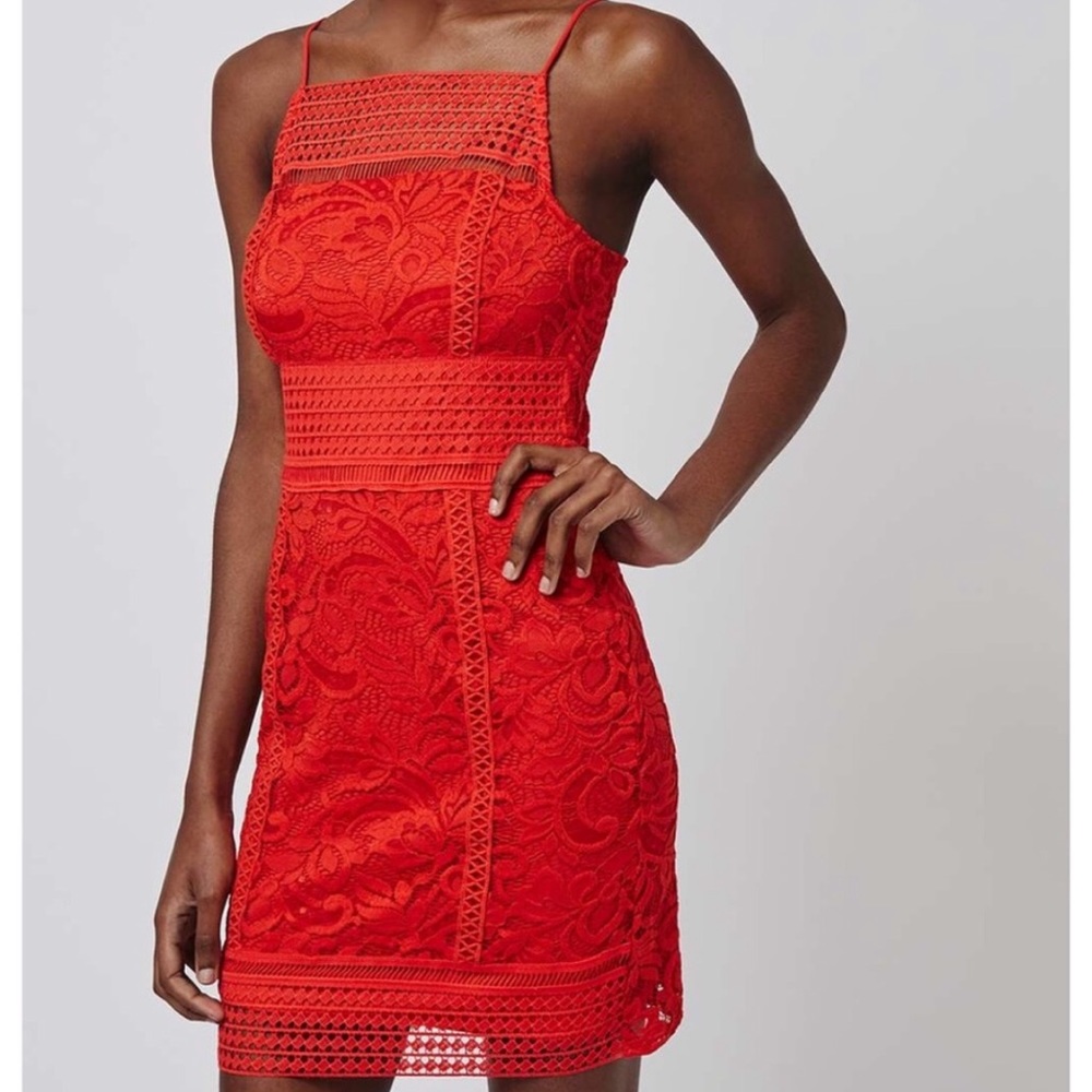 Topshop Women's Red Sleeveless Lace Dress Size US Small